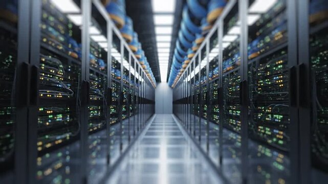 A futuristic motion graphic showcasing an endless corridor of server racks inside a modern data center. Blinking indicators and cable systems create a sense of continuous operation.