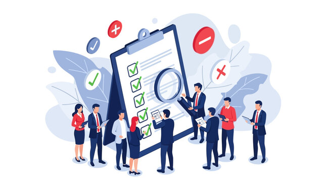 Business team reviewing a checklist on a clipboard with a magnifying glass, surrounded by positive and negative icons.