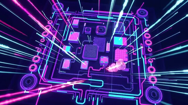 3D animated video, top-down view of GPU mining network, neon energy pulses flowing along connections, digital coins holographic data fragments emerging rigs looping animation, glowing neon colors