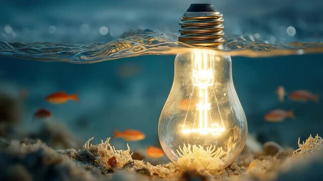 A bright lightbulb immersed in the water, surrounded by tiny fish
