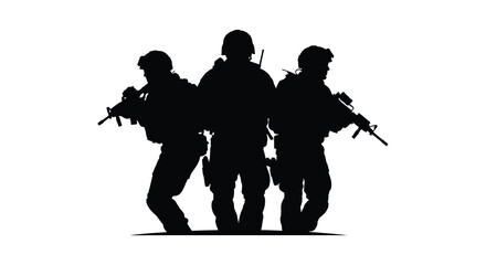 A striking image of three soldiers in formation depicted as a black silhouette on transparent background high quality professional detailed modern © mrvect02