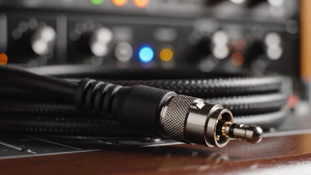 Close-up of audio cable with plug, coiled, with background audio equipment panel
