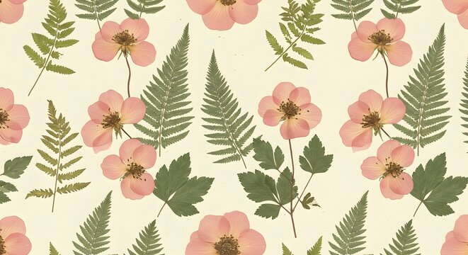 Botanical illustration style, featuring pressed flowers and ferns on a cream backdrop