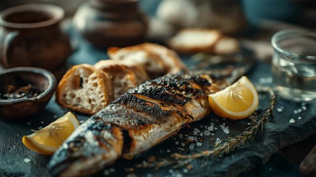 On a stone table, grilled entire fish was served with bread, water, and lemon. A customary Christian dinner during Lent or Good Friday