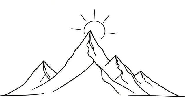 Simple line drawing of mountains with a sun above their peaks