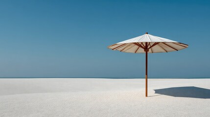 Serene beach scene with white umbrella on sandy shore under clear blue sky