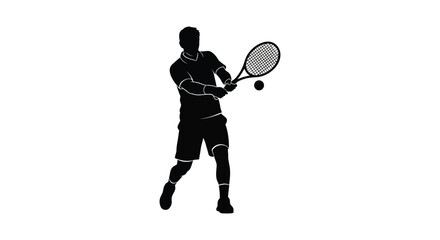 A dynamic black silhouette of a tennis player mid swing preparing to hit a ball on transparent background high quality professional detailed