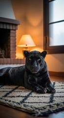 Serene black panther resting indoors: majestic feline in warmly lit domestic living space