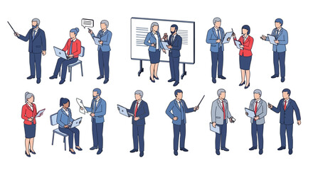 Isometric illustrations of diverse business people presenting, working, and collaborating in various office scenarios.