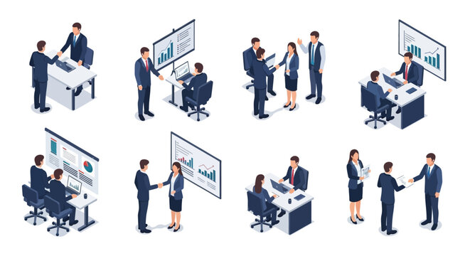 Isometric illustrations depicting various business meeting scenarios with professionals collaborating and discussing data.