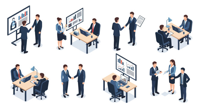 Isometric set of business people in various office situations, including meetings, presentations, negotiations, and agreements.