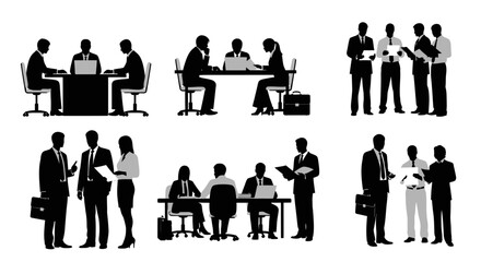 Fototapeta premium Silhouettes of business people engaged in various meetings, discussions, and collaborative work scenarios, depicting corporate interactions.