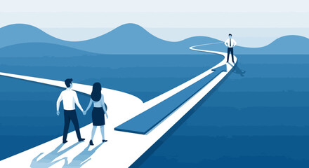 Obraz premium A couple at a crossroads, choosing between a shared path and an individual journey, symbolizing life decisions and relationship dynamics.
