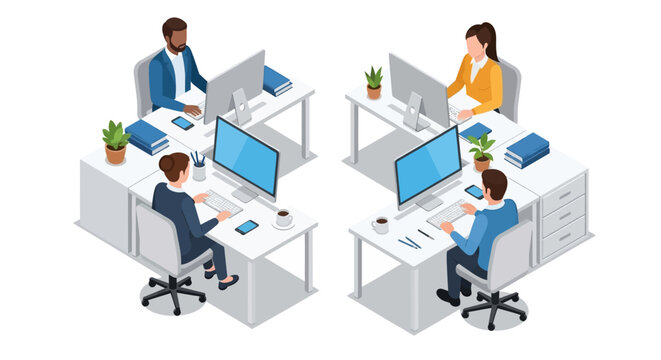 Isometric illustration of four diverse business people working at individual desks in an office environment with computers and office supplies.