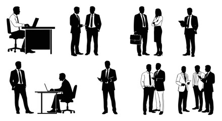 Fototapeta premium Silhouettes of businessmen in various professional poses, including meetings, working at desks, and standing.