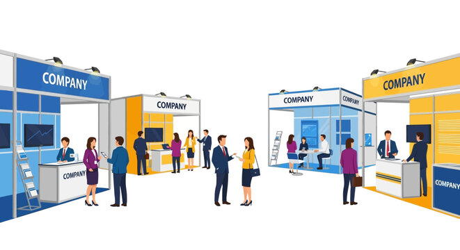 People attending a bustling business trade show or exhibition, interacting at various company booths.