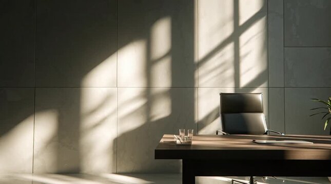 A serene office scene with sunlight casting shadows on the wall, a laptop on a desk, and a plant nearby in a calm environment from a frontal viewpoint