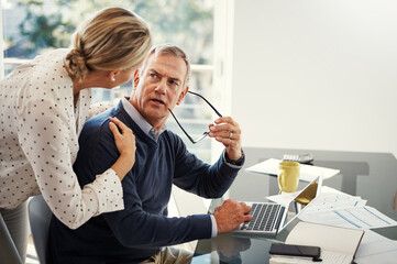 Stress, couple and support with laptop in home for debt solution, budgeting or concern for bills....