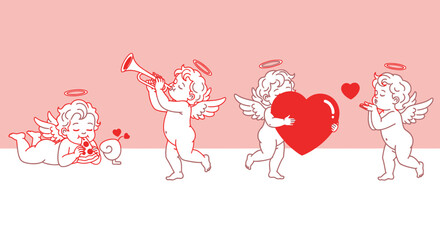 Four cherubs with halos and wings, depicted in a red outline style, engaged in various activities related to love and celebration.