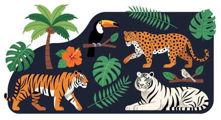 Obraz premium A vibrant illustration of various jungle animals including tigers, a jaguar, a toucan, and a white tiger, surrounded by lush tropical foliage and palm trees.