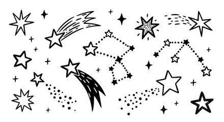 A collection of hand-drawn stars, constellations, and shooting stars in a whimsical doodle style against a white background. © Budi Studio