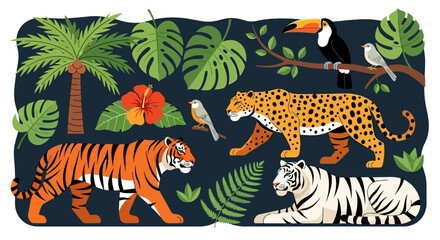 Fototapeta premium Vibrant illustration of various big cats, including tigers and a jaguar, surrounded by lush tropical foliage and exotic birds.