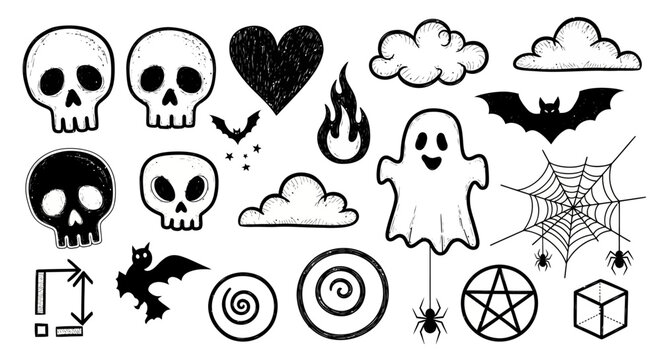 A collection of hand-drawn Halloween-themed icons including skulls, ghosts, bats, spiders, and a pentagram.