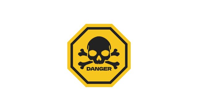 Danger sign with a skull and crossbones symbol.  Animated. Transparent background. 4K resolution