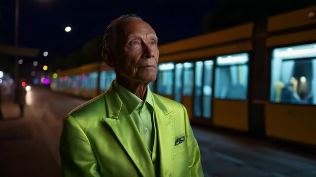 An Intriguingly Dapper Gentleman in a Vibrant Neon Green Suit Stands at a Tram Stop, Capturing Attention Against the Architectural Charm of Urban Nightlife with Glowing City Lights in the Background