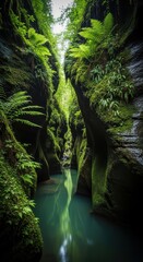 Obraz premium Serene narrow gorge with lush green ferns and tranquil water flowing through moss-covered rock walls in a pristine natural landscape
