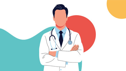 Fototapeta premium Professional male physician in a white coat and stethoscope standing with arms crossed against a colorful abstract background.