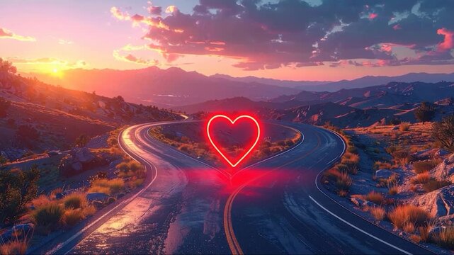 A road forks into heart, with a sunset and mountains in the back