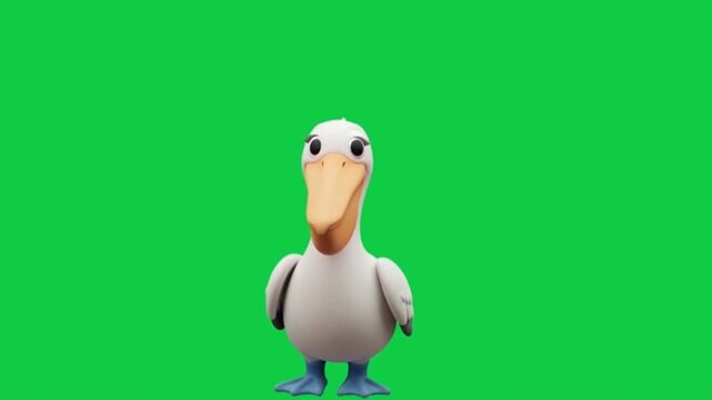 Cute 3D Animated White Pelican Character Standing on Chroma Key Green Screen Background for Easy Background Removal and Video Compositing Projects.