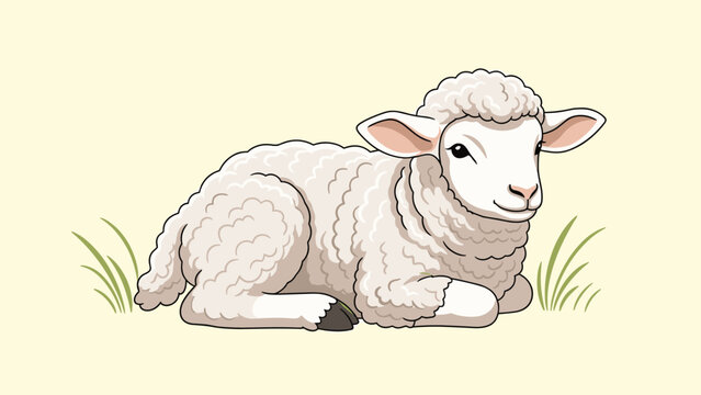 Sweet little white lamb resting peacefully in the green grass on a soft yellow background for farm animal themes.