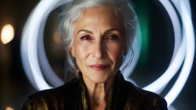 Portrait of an Elegant Elderly Woman with Silver Hair and Graceful Expression, Surrounded by Soft Luminescent Circles, Capturing the Essence of Timeless Beauty and Wisdom in a Modern Setting
