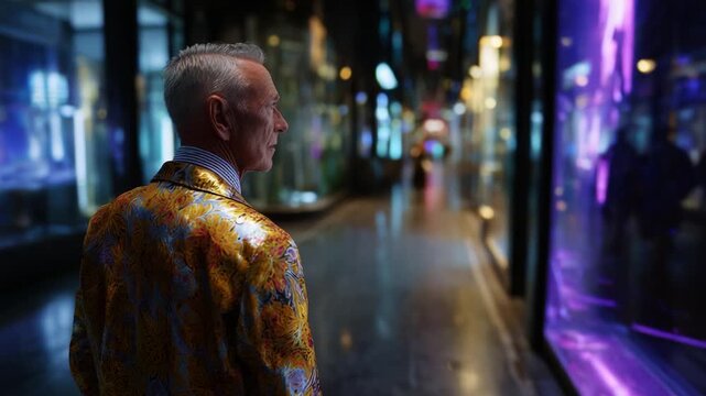 A stylishly dressed man in a vibrant, patterned jacket strolls through a brightly illuminated urban street at night, captivated by the glowing lights and reflections in store windows around him.