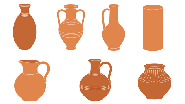 Collection of brown pottery silhouettes featuring various shapes of vases jars and amphorae isolated on white background for design.