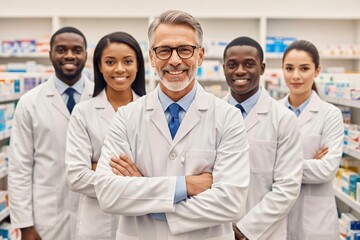 Fototapeta premium Pharmacists standing together in a pharmacy