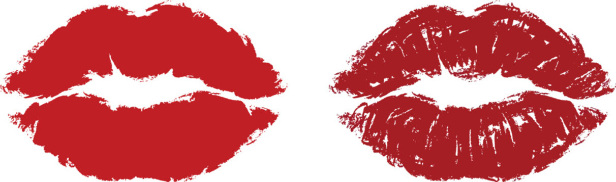 Red lipstick kiss marks set with grunge texture on white background vector illustration