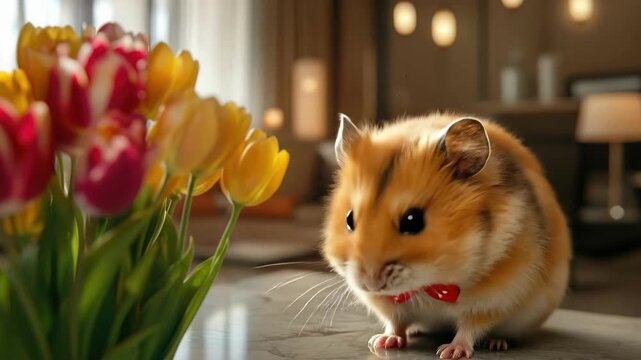 Cute hamster with red bow tie next to colorful tulips in a cozy room. March 8, International Women's Day. Mother's Day