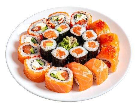 A vibrant, overhead shot presents a diverse sushi platter. Various rolls, some with salmon, avocado, and roe, rest on a white plate
