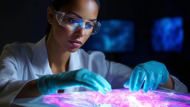 A focused scientist in a lab coat and protective gear is engaged in advanced research, manipulating a glowing, vibrant display with intricate patterns while exploring innovative technology in a modern