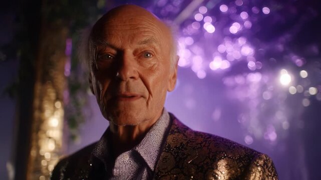 An elderly man with a distinguished presence gazes into the distance, adorned in a sparkling jacket that captures the vibrant lights of a colorful and enchanting environment