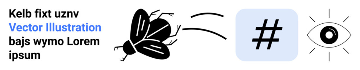 Obraz premium Black insect flies towards metadata tag and eye highlighted in minimalistic style. Ideal for nature, connectivity, observation, social media, creativity, technology, simple landing page