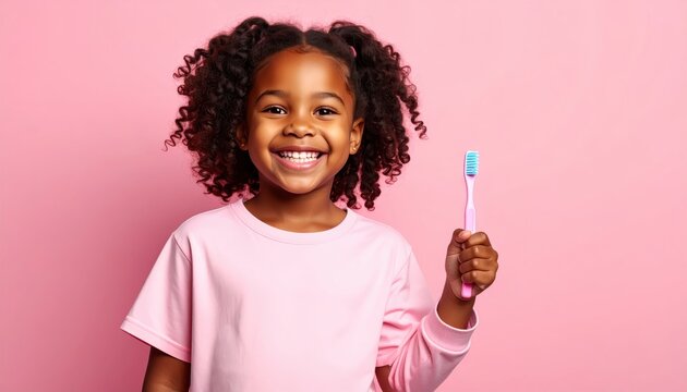 Smiling child with curly hair holding a toothbrush, emphasizing dental care and hygiene on a vibrant pink background.