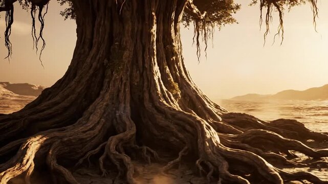 Solitary ancient tree rising from cracked earth with gnarled roots threading into parched soil