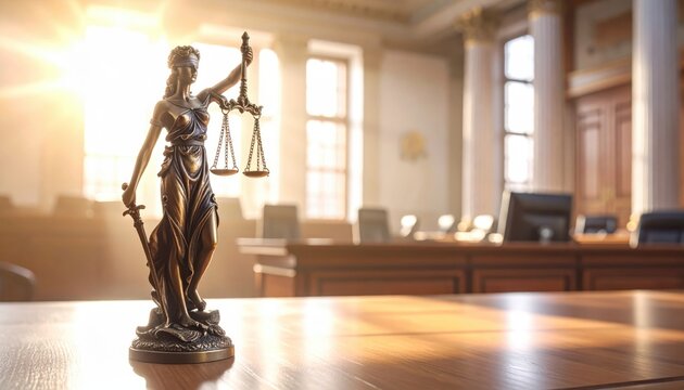 Lady Justice statue in a sunlit courtroom, symbolizing law and fairness with scales and sword.