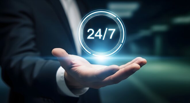 A businessman presenting a 24 7 service concept with glowing blue icon