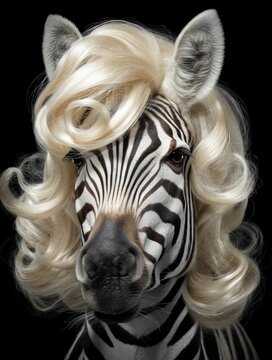 Retrato de una cebra con un llamativo peinado rubio