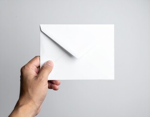 Fototapeta premium Person's hand holds a clean, plain white envelope with the flap closed, offering it forward against a bright, simple gray background, ready for important mail or an invitation